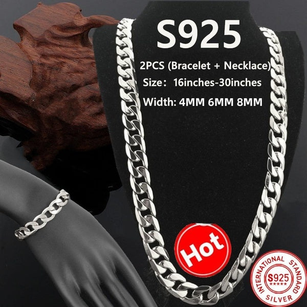 De gros! Charme de la mode européenne et américaine en argent sterling 925 plat sur le côté chaîne collier bracelet pour femmes hommes mode fiançaill