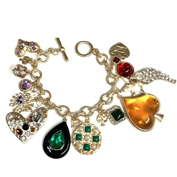 Bracelet Charms Doré Coeurs Etoiles Verre Strass Gripoix Style Toggle