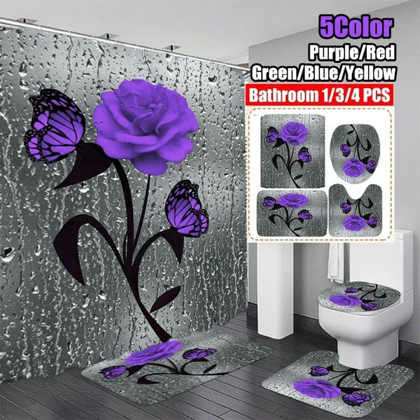2021 new 3D Rose & Butterfly Bathroom Non-slip Mat Set Waterproof Print Shower Curtain Toilet Lid Cover Bath Mat Rugs Set 5 Color