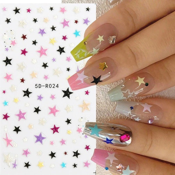 5D Colorful Stars Nail Stickers Cross Star Love Heart Butterfly Starlight Decals Y2k Stylish Sliders Manicure Decorations GL5D-R