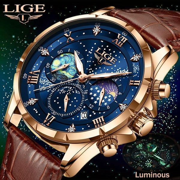 2023 LIGE Montre pour hommes de luxe étanche horloge Phase de lune personnalisé lumineux chronographe Date décontracté bleu cuir Quartz Montre-bracel