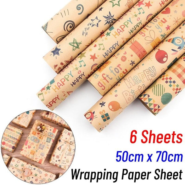 6 Sheets Birthday Wrapping Paper Kraft Gift Wrapping Paper Happy Birthday Wrapping Paper for Kids Boys Girls Gift Wrap Paper for Birthday Occasions