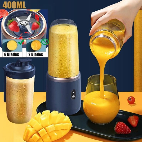 400ML Kitchen Juicer with 2 Cups,USB Rechargeable Fruit Shake Smoothies Mixer Maker,6 Blades Individual Juice Blenders for Travel Camping,Portable Pe