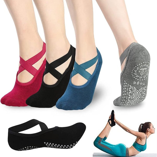 Yoga Socks for Women - 4 Pairs Pilates Socks Non-Slip Grip Socks with Strap for Ballet, Barre, Home & Hospital