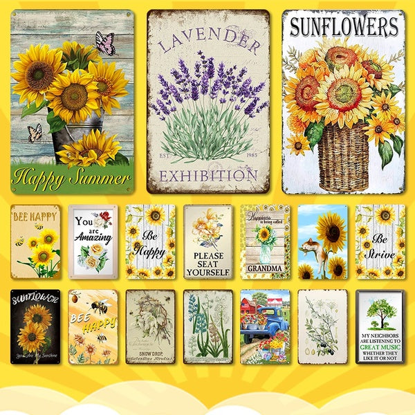 Happy Summer Sunflower Vintage Tin Signs Metal Posters Wall Signs For Kitchen Farm Bar Wall Decor 8 x 12 Inches