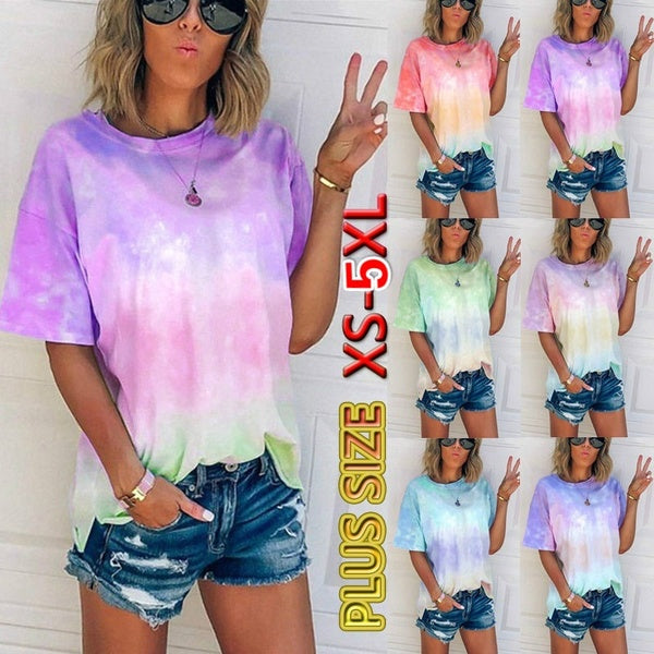 Plus Size Blouses XS-5XL New Summer Women's Fashion Summer O-Neck Short Sleeve Shirts Casual Tie-dyed Printed Tops Plus Size Loose