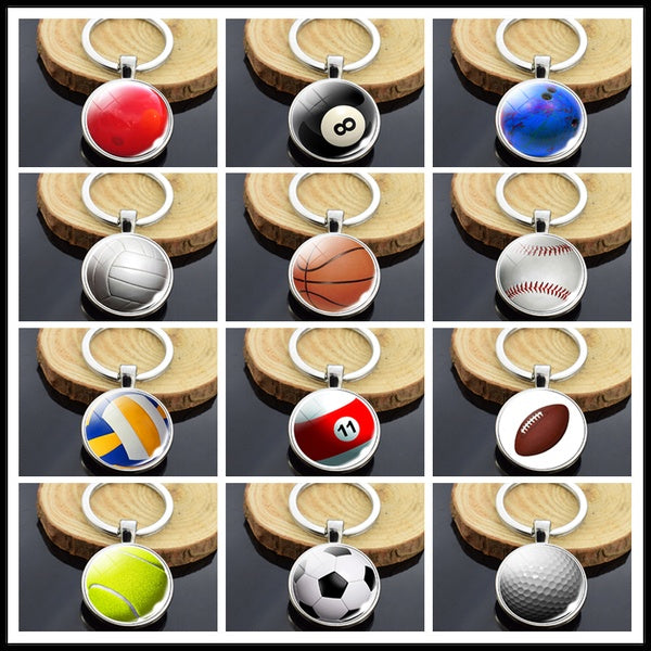 Sport Ball Keychain Basketball Football Baseball Volleyball Soccer Golf Double Side Glass Cabochon Pendant Keyring for Sportman Gifts
