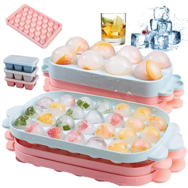 8-26-33 Grid Reusable Ice Cube Tray with Lid Easy-Release Ice Cube Maker Round-Square-Candy Stackable Ice Cube Mold for Freezer, Ice Cream,Party Whis