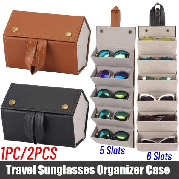 1PC-2PCS Sunglasses Organizer Box 5 Slots-6 Slots PU Leather Eyeglasses Storage Foldable Sunglasses Holder Portable Glasses Case