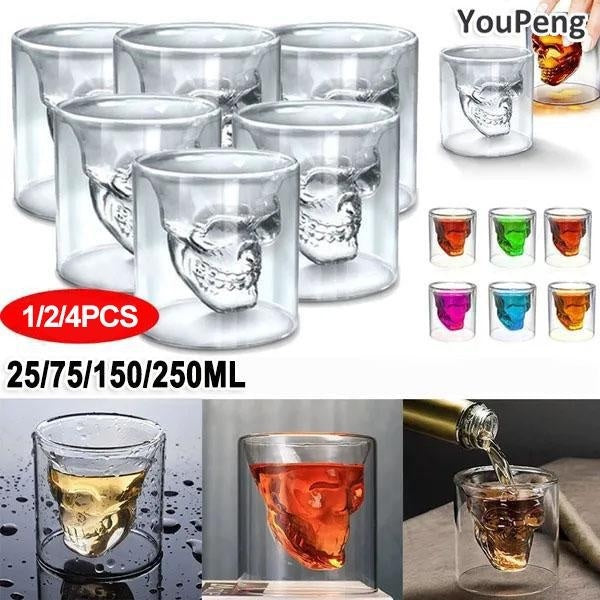 YouPeng 1-2-4Pcs Skull Head Wine Glass Mug Crystal Beer Whiskey Shot Double Glass Cup Vodka Drinking Bar Club Beer Wine Glass Bottle