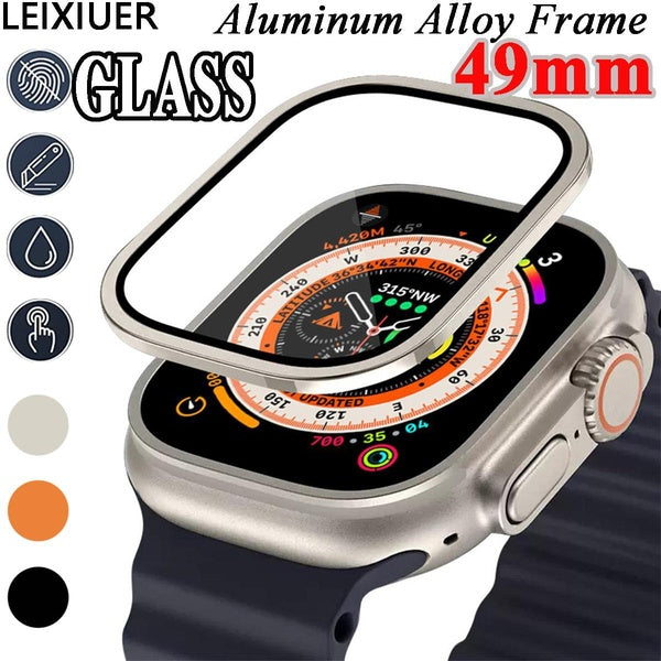 LEIXIUER Tempered Glass with Metal Frame for Apple Watch Ultra 49mm for Iwatch Ultra Bumper Screen Protector Aluminum Alloy Frame Accessories Anti-Sc