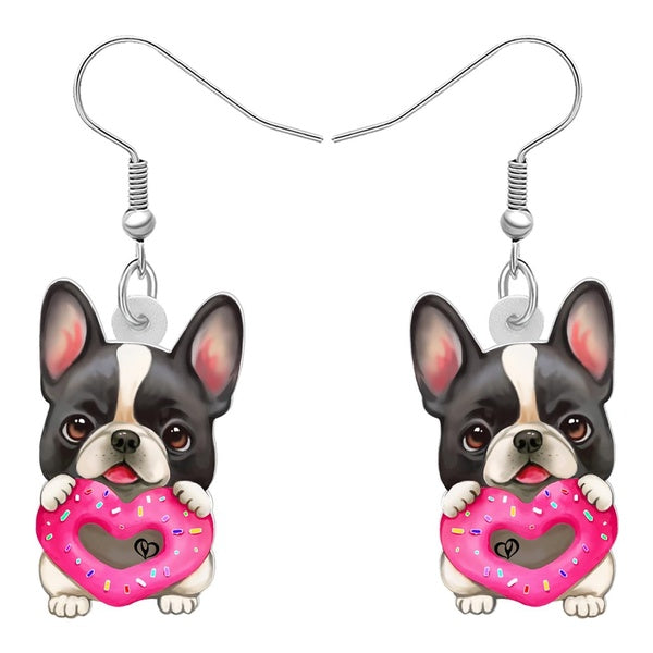 Boucles d'oreilles pendantes en acrylique en forme de donut en forme de caur pour bouledogue français, bijoux pour femmes et filles, mignons, pour an