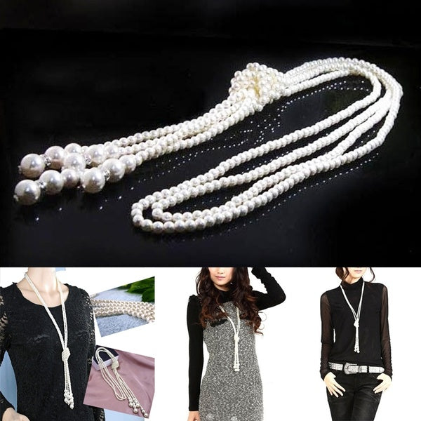 Fashion Women Blanc artificielle Perles long Knot chaîne Charms Collier