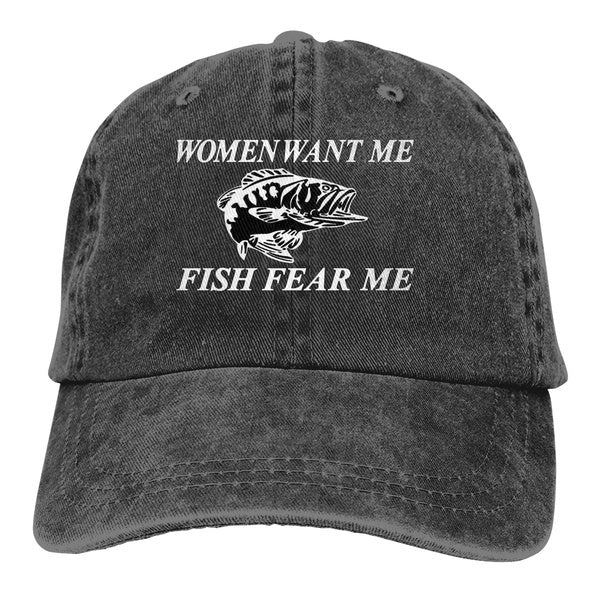 Women Want Me Fish Fear Me Men Women's Baseball Cap Vintage Outdoor Fishing Adjustable Dad Hat