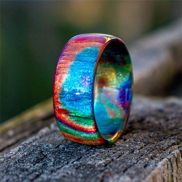 Fashion Multicolored Glitter Ring Rainbow Opal Ring Carbon Fiber Lining Iridescent Color Changing Opal Rings for Women and Men US5-11