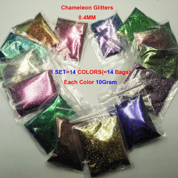 14COLORS Metallic Luster Chameleon Glitter 0.4MM Hexagon Glitter Fine Dust Powder Shape for Nail Art Body Makeup Craft Facepainting DIY
