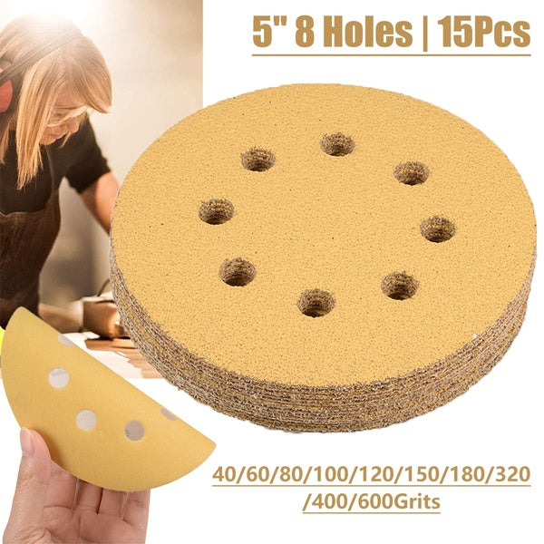 15pcs 5-inch Sanding Discs, 8-Holes Hook and Loop Wet Dry Flocking Sandpaper Sander Sand Paper for Random Orbital Sander, 40-60-80-100-120-150-180-32