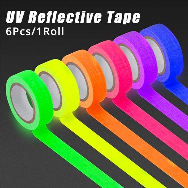 6Pcs-1Roll Luminous Sticker UV Reactive Tape Blacklight Fluorescent Tape Self-Adhesive Glow in The Dark Neon Gaffer Safety Warning UV Tape Home Decor