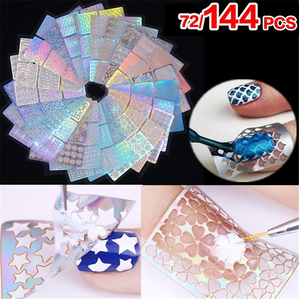 72-144 Pcs Nail Art Vinyls Hollow Stickers Manicure Curved Wave Laser Tip Nail Tool Stamping Template Nails Tool