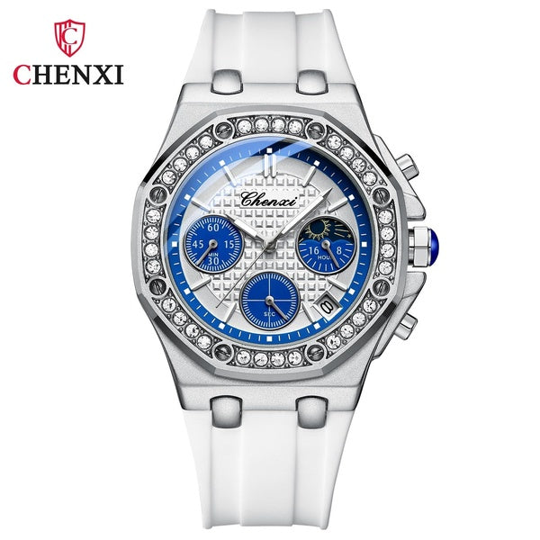 CHENXI Top marque montre de luxe femmes mode strass cadran chronographe montre-bracelet blanc bracelet en Silicone femme montres à Quartz
