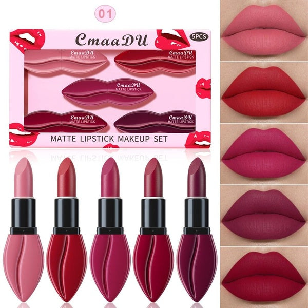 CmaaDu 5pcs-Set Holiday-Exclusive Kiss Velvety Slim Matte Colour Lipstick Makeup Waterproof Long Lasting Moisturizing Lip Stick