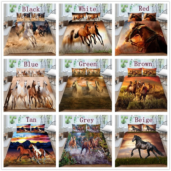 3D Horse Bedding Set, Indigenous Totem Animal Theme Modern Art with Colorful Motifs, Decorative 3 Piece Bedding Set with 2 Pillow Shams, Queen Size,