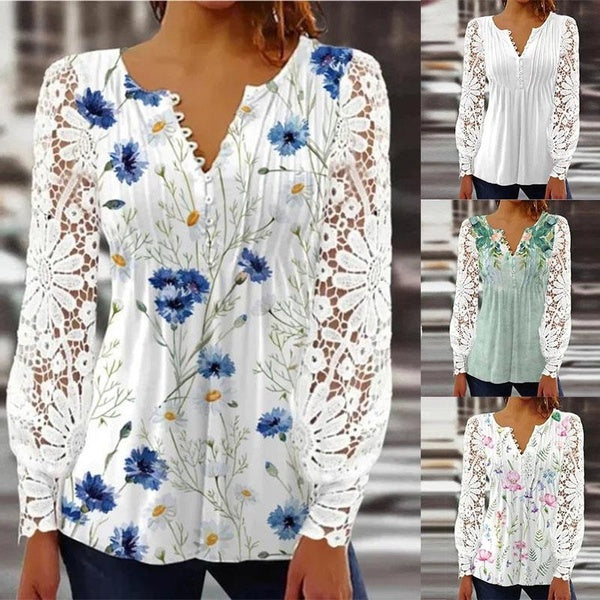Women's Lace Floral Printed Loose White Blouses Fashion Shirts V-neck Long Sleeve Casual Tops Plus Size S-5XL
