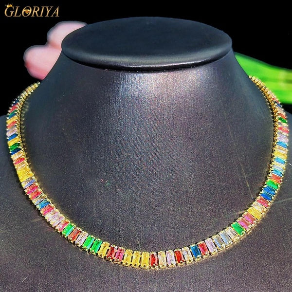 Gloriya Precious Women Jewelry Yellow Gold Color Pave Setting Colorful Baguette Cut AAA Cubic Zirconia Choker Necklace Daily Party Clothing Accessori
