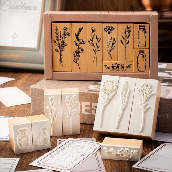 8pcs-box Vintage Grass Plants Vase Decoration Stamp Set DIY Wooden Rubber Stamps for Card Making Scrapbooking Stationery Standard Seal