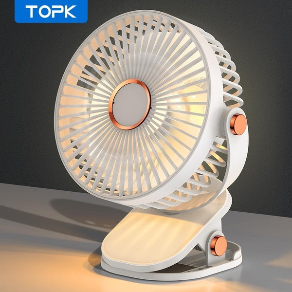 TOPK Desk Fan Rechargeable Mini Portable Clip Fan With LED, USB Table Fan with 4 Speeds Strong Airflow, 720° Rotation, Ultra-Quiet, Desktop Fans for