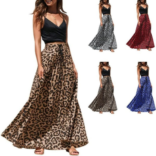 Vintage Leopard Print Harajuku Women Medium Long Skirt New Summer Europe And America Fashion A-line High Waist Skirts Femme