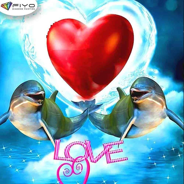 FIYO Dolphins and Red Hearts Diamond Painting Kits For Adults DIY 5D Diamond Mosaic Diamond Painting Home and Kitchen Fashion Canvas Pictures Wall De