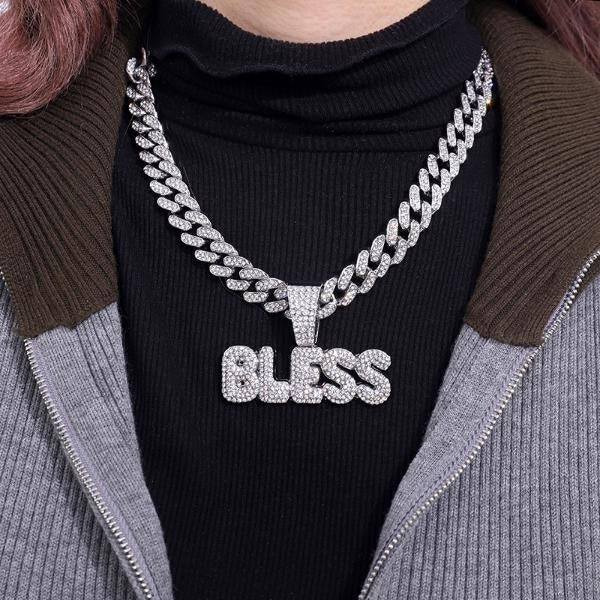 Punk Hip Hop Iced Out Crystal BLESS Letters Pendant Necklace Chunky Miami Cuban Link Chain Necklace Zircon Choker for Women Men Jewelry