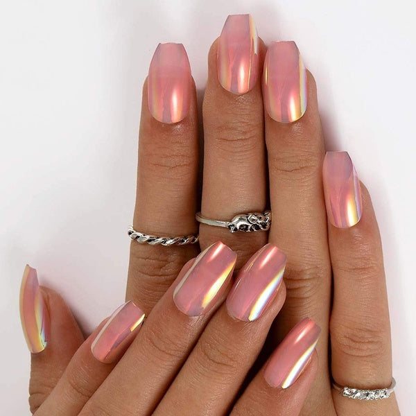 24pcs-box Aurora Natural Glossy Wearable Press on Nails with Design Mermaid Pearl Orange Color Coffin False Nails Tips Fake Nails Nail Art Design