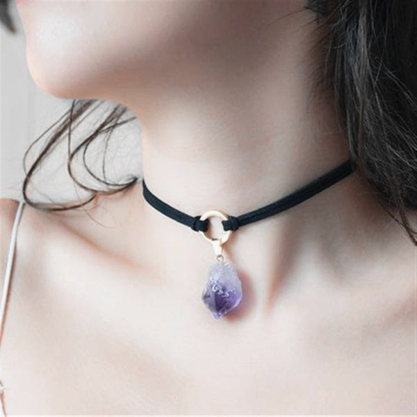 Purple Crystal Choker Necklace Witchy Jewelry Raw Stone Jewelry Pendant Black Layering Choker Boho Jewelry Style Fashion Women Necklace Gifts 2020 ne