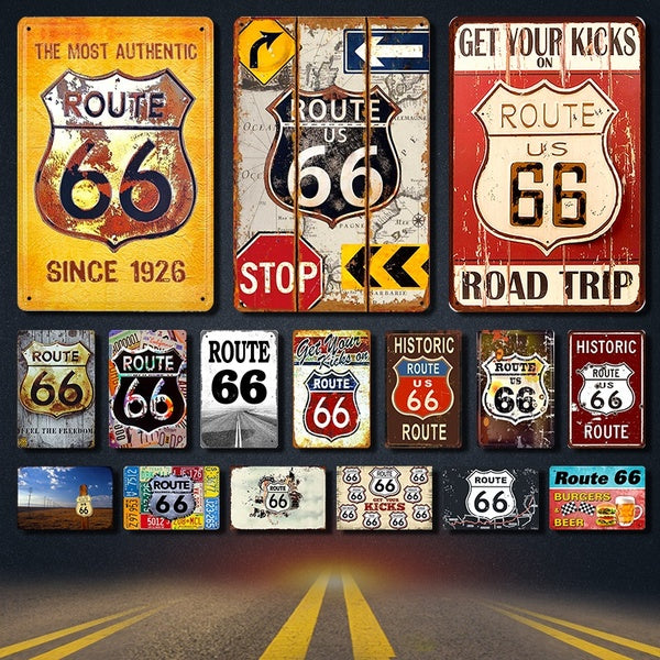 Vintage Route 66 Tin Signs Metal Posters Plaque For Bar Garage Cafe Home House Motel Man Cave Wall Decor 8 x 12 Inches