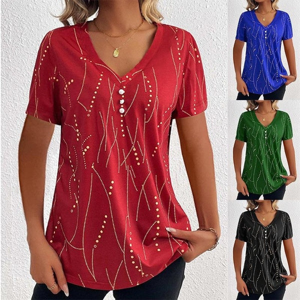 Women's Casual V-neck Short Sleeves Floral Printed Button T-shirt Fashion Loose Blouses Comfortable Shirts Plus Size