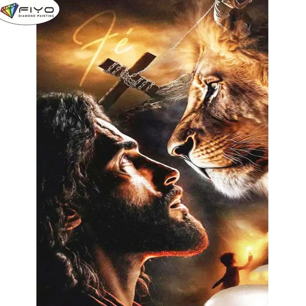 FIYO DIY 5D Jesus and The Lion Diamond Painting Full Drill with Number Kits Home and Kitchen Fashion Mosaic Diamond Painting Canvas Wall Decoration G