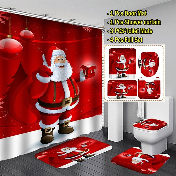 3D Christmas Santa Bathroom Shower Curtain Set Waterproof Shower Curtain Non-slip Carpet Pedestal Rug Toilet Seat Cover Shower Curtains Christmas Dec