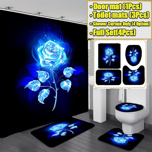 1-3-4 Pcs Bathroom Decor Rug Set Bathroom Blue Rose Print Waterproof Shower Curtain Non-slip Mats Bath Carpets Toilet Seat Cover Floor Mat