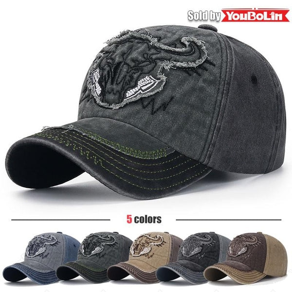 Hommes Femmes Tête De Taureau Motif Brodé Patch Brossé Distressed Style Deux Couleurs Coton Casquette De Baseball Réglable Nouvelle Mode Classique Un