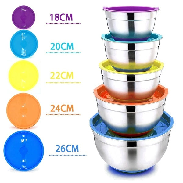 Ensemble de bols de mélange en acier inoxydable 5 couleurs avec couvercle antidérapant Silicone fond mélangeur d'oeufs cuisine salade bol gâteau cuis