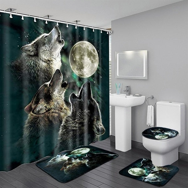 Full Moon Wolf Art Print Pattern Bathroom Mildew-proof Shower Curtain Non-Slip Toilet Cover Bath Mat Sets 1Pcs-3Pcs-4Pcs Bathroom Decor