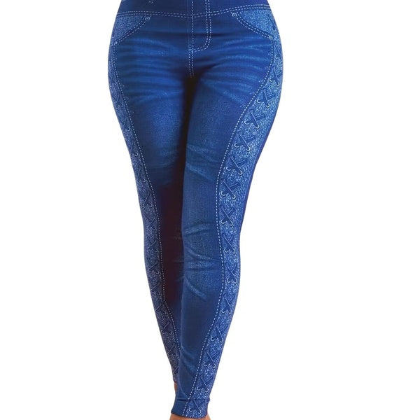 Plus Size Casual Leggings, Women's Plus Denim Print High Waisted Slight Stretch Leggings