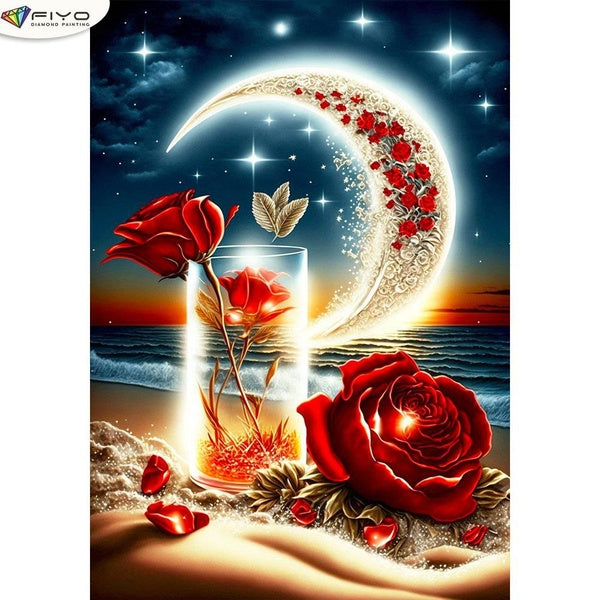 FIYO Moon and Rose DIY 5D Diamond Painting Full Drill with Number Kits Home and Kitchen Fashion Mosaic Diamond Painting Canvas Wall Decoration Gift C