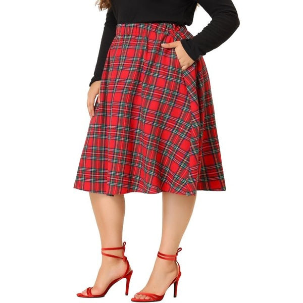 Agnes Orinda Plus Size Skirts for Women a Line Knee Length Plaid Print Flare Skirt
