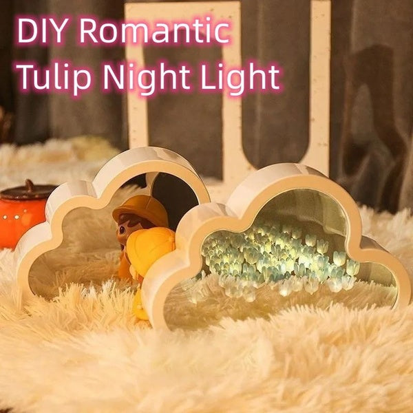 （DIY Material Package）20 flowers Cloud Mirror Tulip Lamp DIY Night Light Girl Bedroom Ornaments Creative Photo Frame Mirror Table Lamps Bedside Handm