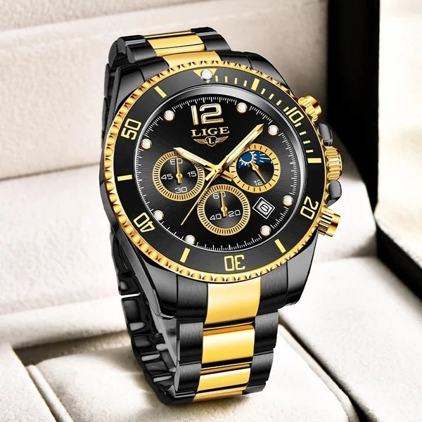 LIGE Montres à quartz élégantes en acier inoxydable de luxe 3 ATM Montre-bracelet pour homme étanche