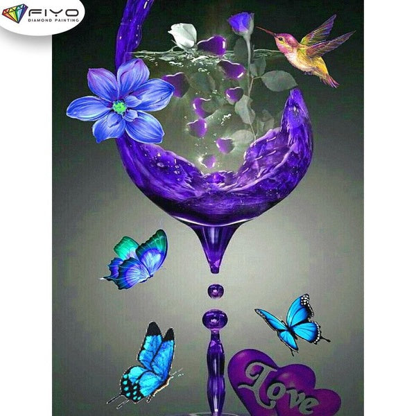 FIYO Butterfly and Wine Glass Diamond Painting Kits For Adults DIY 5D Diamond Mosaic Diamond Painting Home and Kitchen Fashion Canvas Pictures Wall D