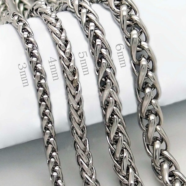 3-4-5-6MM MENS Silver Stainless Steel Wheat Braided Chain Necklace Jewellery
